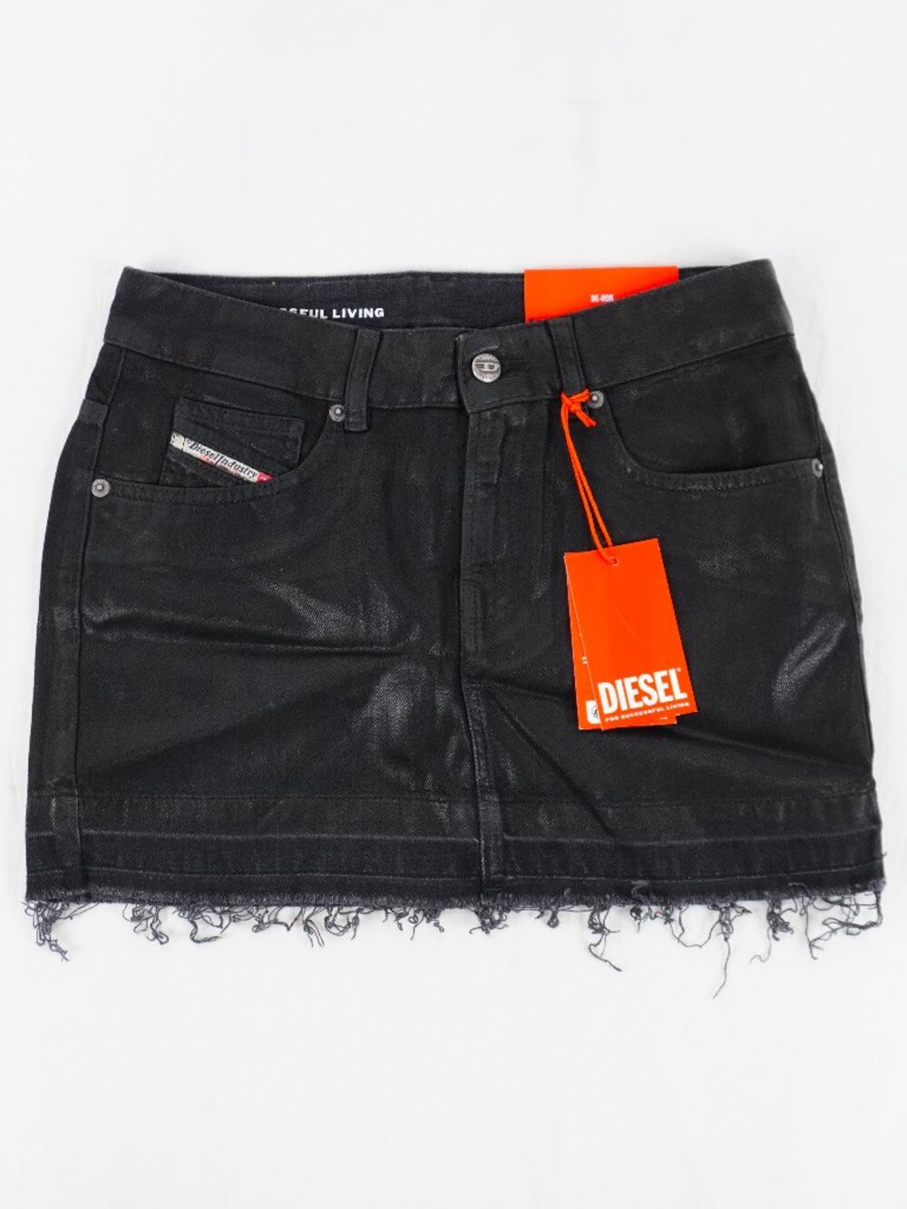 Diesel Re-Ron Mini Raw-Hem Coated Denim Skirt In Black - Women's Size 24 - NWT